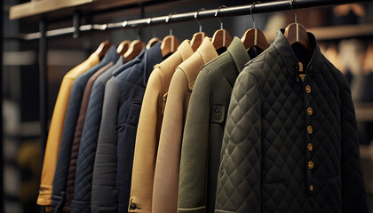 Obraz premium Collection of Colorful Jackets and Coats Neatly Hung on Wooden Hangers. Concept of Fashion, Outerwear Variety, Seasonal Style, Wardrobe