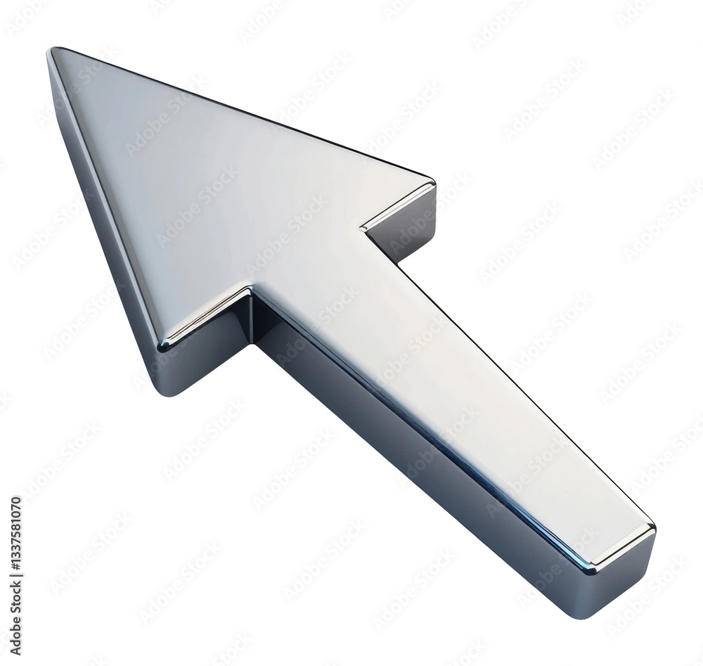 Poster chrome arrow cursor isolated on transparent background, shiny digital icon design