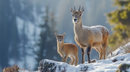 Fototapeta premium Majestic alpine ibex mother and calf in snowy landscape