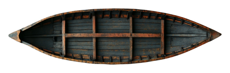 Wooden rowboat on transparent, white background, top view. Nautical and vintage concept
