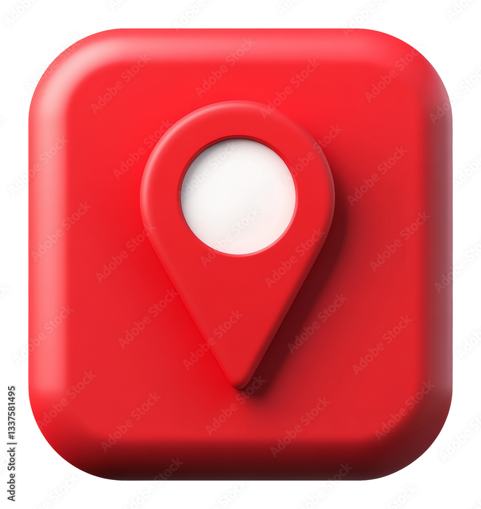 Poster red 3d location pin on rounded square background, modern navigation icon