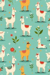Whimsical design featuring llamas practicing yoga in a seamless pattern, animals, relaxation