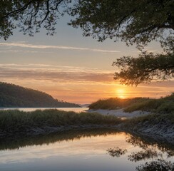 Obraz premium A serene lakeside scene with vibrant autumn foliage surrounding the water, the colors reflected perfectly on the calm surface. Generative AI.