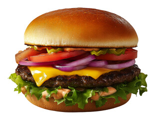 Juicy cheeseburger with fresh toppings and lettuce, classic fast food. Gourmet meal idea