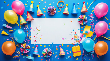 AI Generative. Blue and white background of Happy birthday greeting  with decor balloons, party hats, confetti, streamers, blowers, and ribbons in bright, cheerful colors. 6