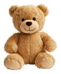 Obraz premium Cute fluffy brown bear toy with a smiling face on a transparent, white background. Childhood toy concept