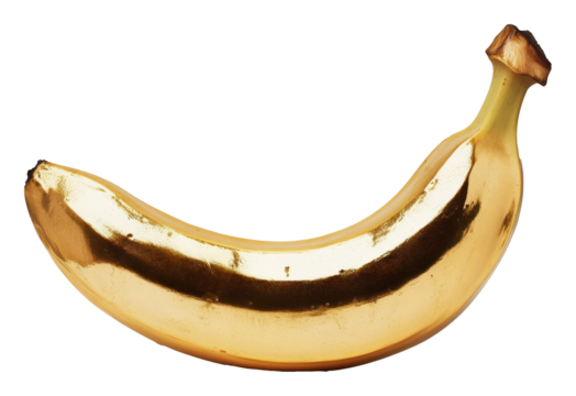 Golden banana isolated on transparent background, shiny fruit. Luxury and wealth concept