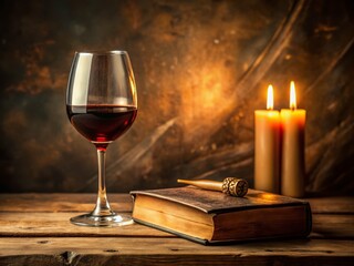 Classic Still Life: Red Wine, Old Book, Candlelight - Warm Mood Stock Photo