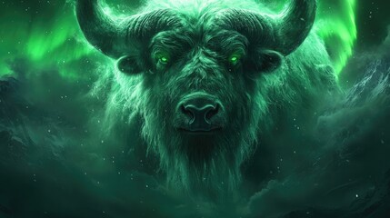 Majestic, glowing bison in a mystical, green landscape