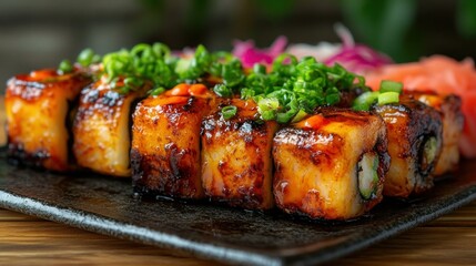 Grilled eel sushi rolls, topped with sauce and scallions