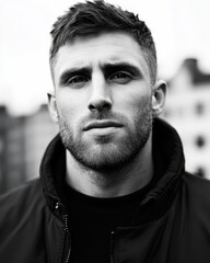 Obraz premium Man in dark jacket looking directly at the camera in a black and white outdoor portrait