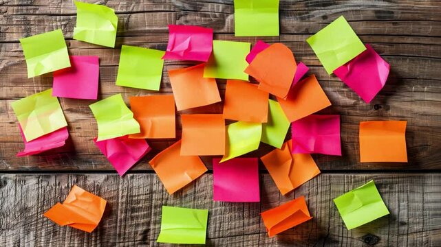 Colorful Sticky Notes Scattered Wooden Surface Create Vibrant and Dynamic Pattern with Mix of Pink, Orange, and Green Notes Adding Playful and Creative Touch to Rustic Background, Enhancing Vibrant