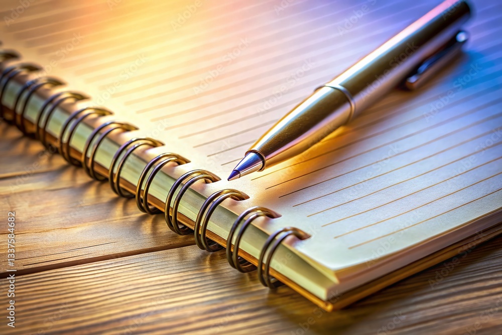 Poster close-up of a spiral notebook with a pen, ample copy space to the left