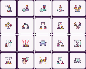 Colorful Line Art Icon Set Depicting Social Interactions and Group Dynamics