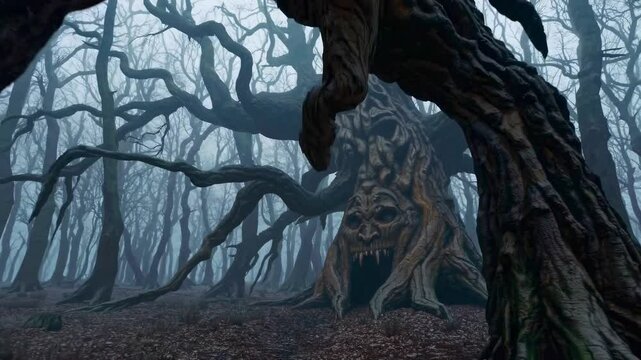 Supernatural tree with monstrous face integrated into trunk, surrounded by misty forest with gnarled branches creating intricate silhouettes against pale background