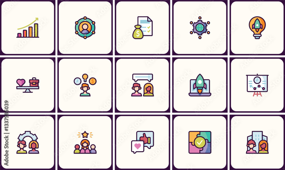Poster business and startup vector icon set for innovation and strategy concepts
