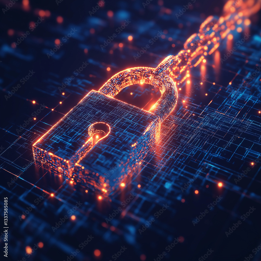 Poster secure blockchain network: glowing data protection shield, cyber security, digital assets,