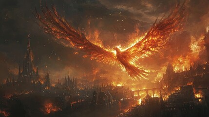 Fiery phoenix soaring over burning city at night.