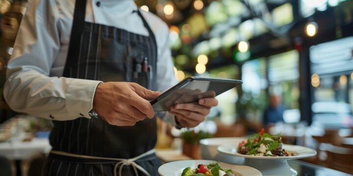 Waitstaff using a digital tablet for managing orders and payments, showcasing a blend of hospitality and technology in a dining environment