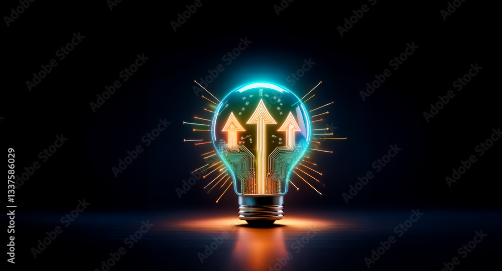 Poster a glowing lightbulb with upward arrows inside signifies innovation and progress. bright light emanat