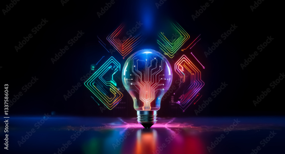 Poster a glowing lightbulb with circuit patterns illuminates a dark background, surrounded by geometric sha