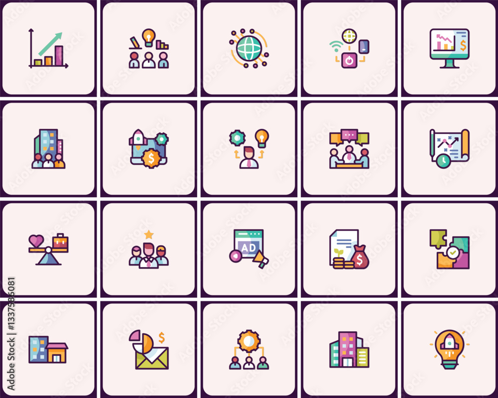Poster assorted business and management line icons symbolizing different concepts