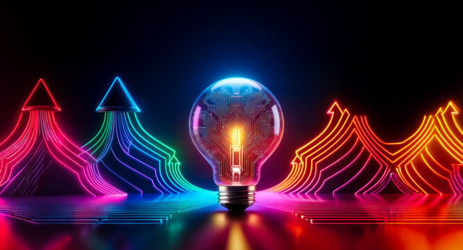 A central glowing light bulb is framed by vibrant neon arrows in rainbow hues against a dark backdrop.  A futuristic and energetic display of light and color.