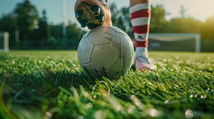 Sports equipment including a ball and footwear positioned on a field ready for action, highlighting athletic prowess and competitive gameplay on grass