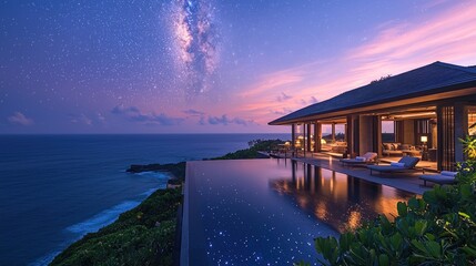 Oceanfront villa with infinity pool at sunset, Milky Way visible.