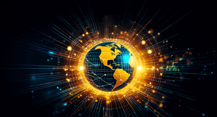 A digital globe illuminates with radiant energy, surrounded by glowing particles and network lines, symbolizing global connectivity and futuristic technology.