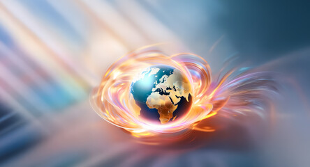 A glowing earth globe is encircled by dynamic swirling energy, set against a backdrop of radiant light rays with a blurred motion effect.