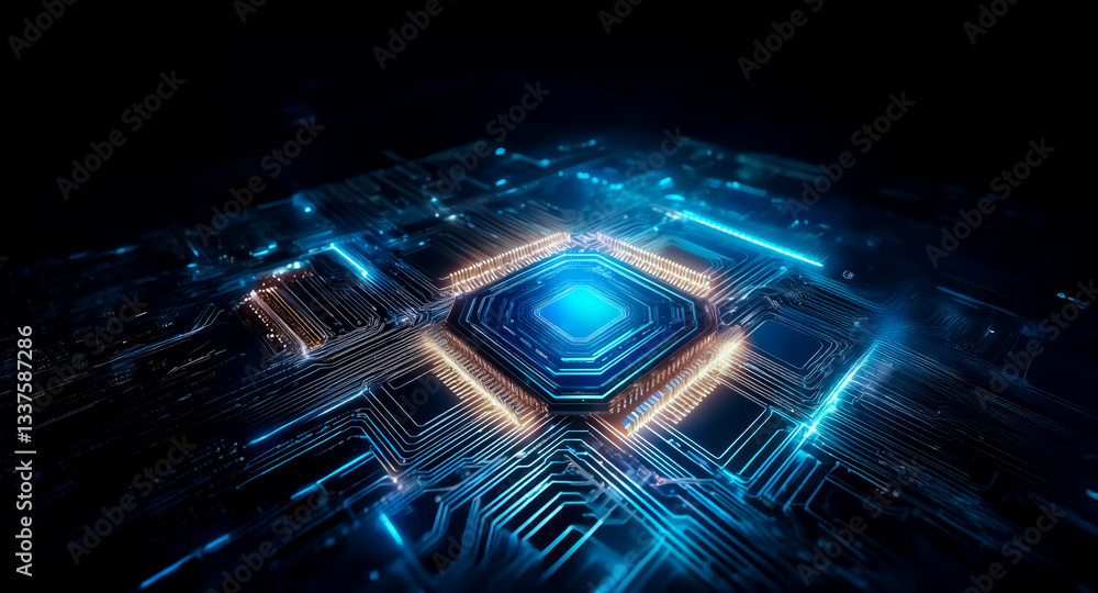 Poster futuristic technology core glows with vibrant blue and orange light, resembling a complex circuit bo