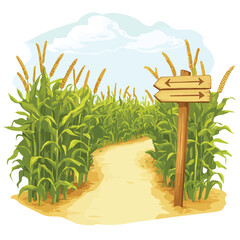 Obraz premium Scenic Fork in Road on Cornfield with Wooden Direction Sign EPS