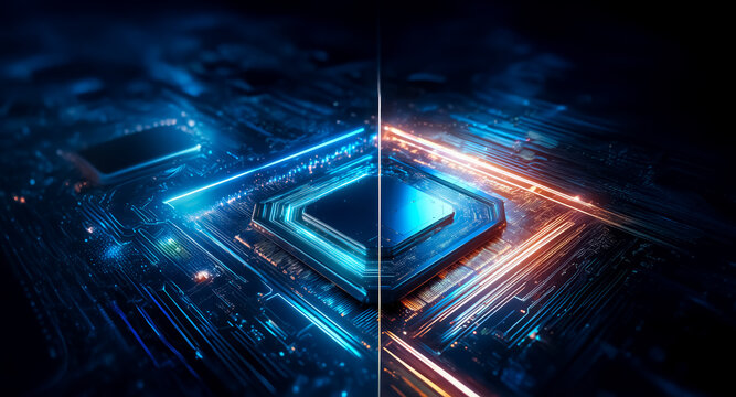 Abstract digital render of a futuristic circuit board with glowing blue and orange light trails. It evokes technology, connection, and data flow in a modern, dynamic style.