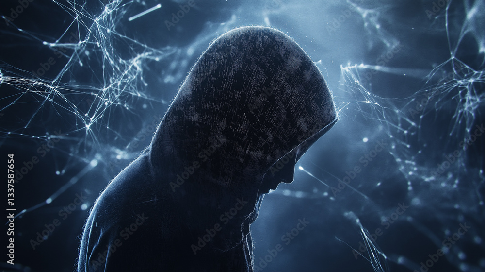 Poster mysterious hacker: anonymous hooded figure in digital shadow, dark web concept, cybersecurity threat