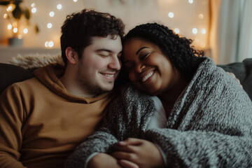 A plus-size interracial couple sits together on a cozy couch, wrapped in a warm blanket.