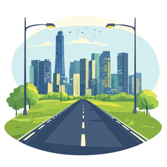 Fototapeta premium Urban Landscape with Road Leading to Cityscape and Skyscrapers