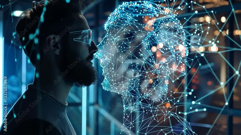 Poster exploring the intersection of technology and human creativity in a futuristic setting