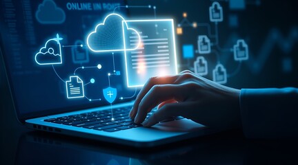 Person using a laptop with illuminated digital documents and electronic signature interface.