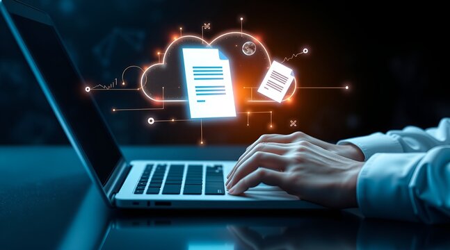 Person using a laptop with illuminated digital documents and electronic signature interface.