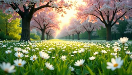 Fototapeta premium A picturesque field of white marguerites under a canopy of blooming trees, flowers, sunny day, nature