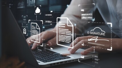 Person using a laptop with illuminated digital documents and electronic signature interface.