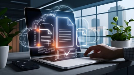 Person using a laptop with illuminated digital documents and electronic signature interface.