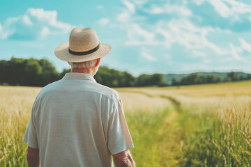 A serene scene of older man walking through golden field, wearing straw hat, reflecting on retirement and lifestyle choices