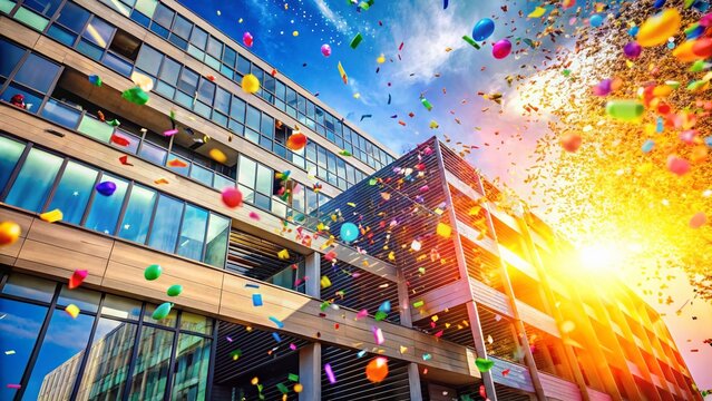 Colorful Confetti Explosion in Mid-Air, Architectural Setting - Stock Photo
