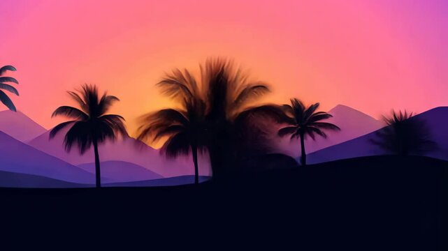 Abstract Low Poly Landscape with Gradient Sunset and Palm Trees in Vibrant Colors for Modern Design and Illustration