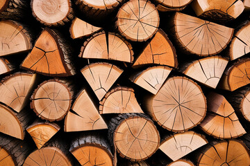 Fototapeta premium Stacked firewood pile in a natural forest setting.