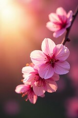 Beautiful pink cherry blossoms in evening sunlight, colorful, pink, sunlight