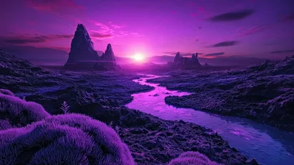 Gordijnen Bioluminescent alien landscape with glowing plants and rivers under an ethereal purple sky. A fantasy or sci-fi world for exploration and discovery.   © MP_Artworks