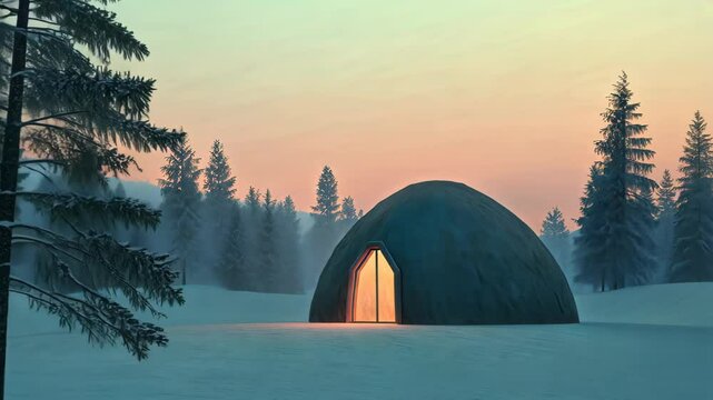 VR Igloo at Sunrise with Open Green Screen Flaps in Snowy Forest Landscape for Virtual Reality Experience or Anthropological Study